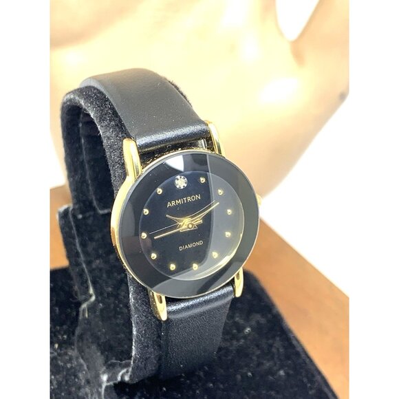 Armitron Women\'s Watch 75/2447GPB Quartz Gold Black Leather Strap 24mm